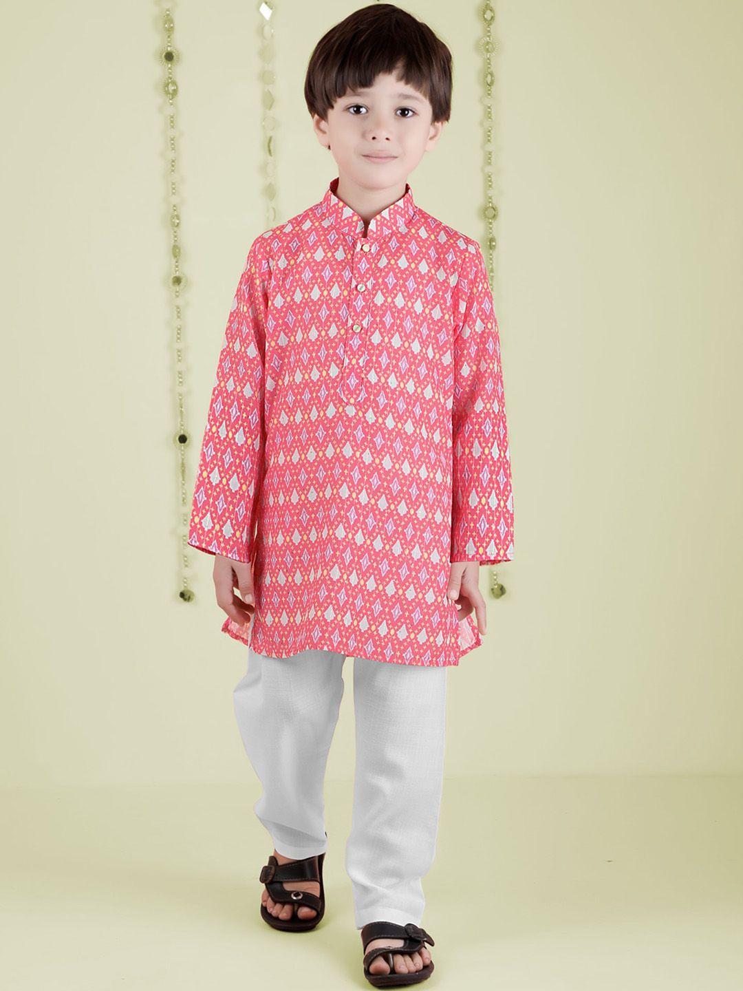 kids farm boys ethnic motifs printed mandarin collar regular kurta with pyjamas