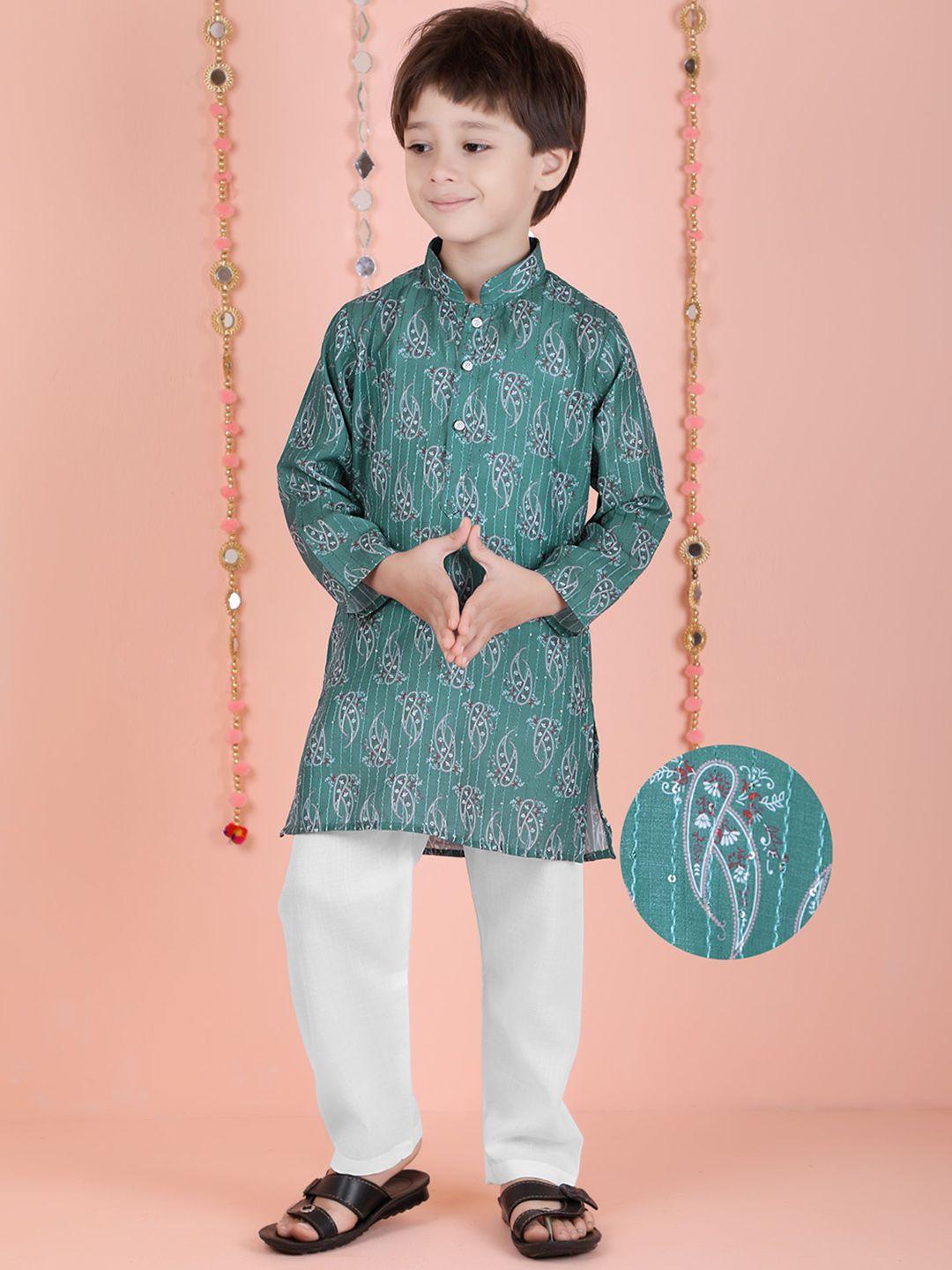 kids farm boys ethnic motifs printed mandarin collar sequinned kurta with pyjamas