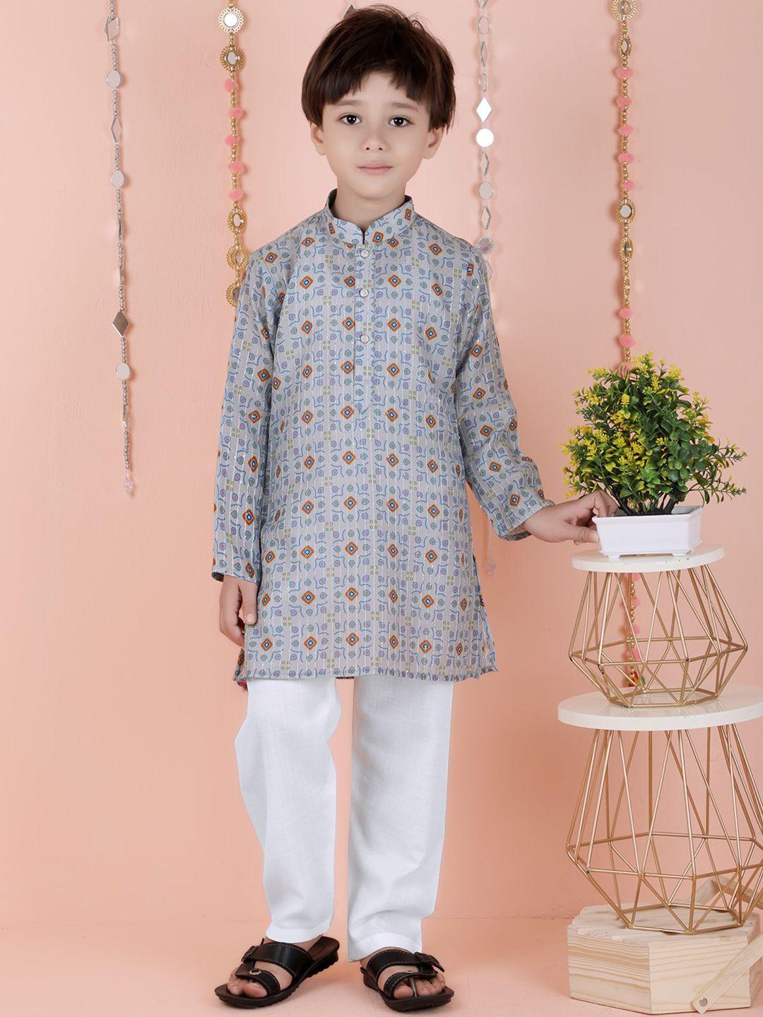 kids farm boys ethnic motifs printed mandarin collar sequinned kurta with pyjamas