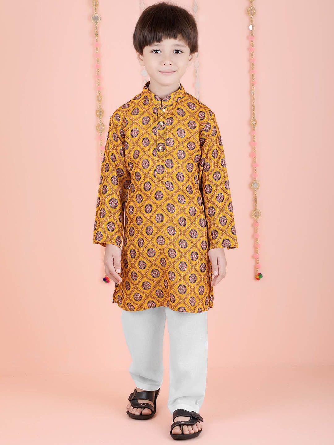 kids farm boys ethnic motifs printed mandarin collar straight kurta with pyjamas