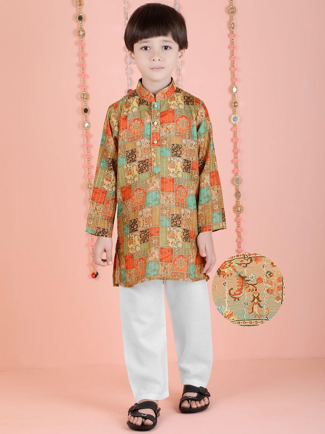 kids farm boys ethnic motifs printed sequinned kurta with pyjama