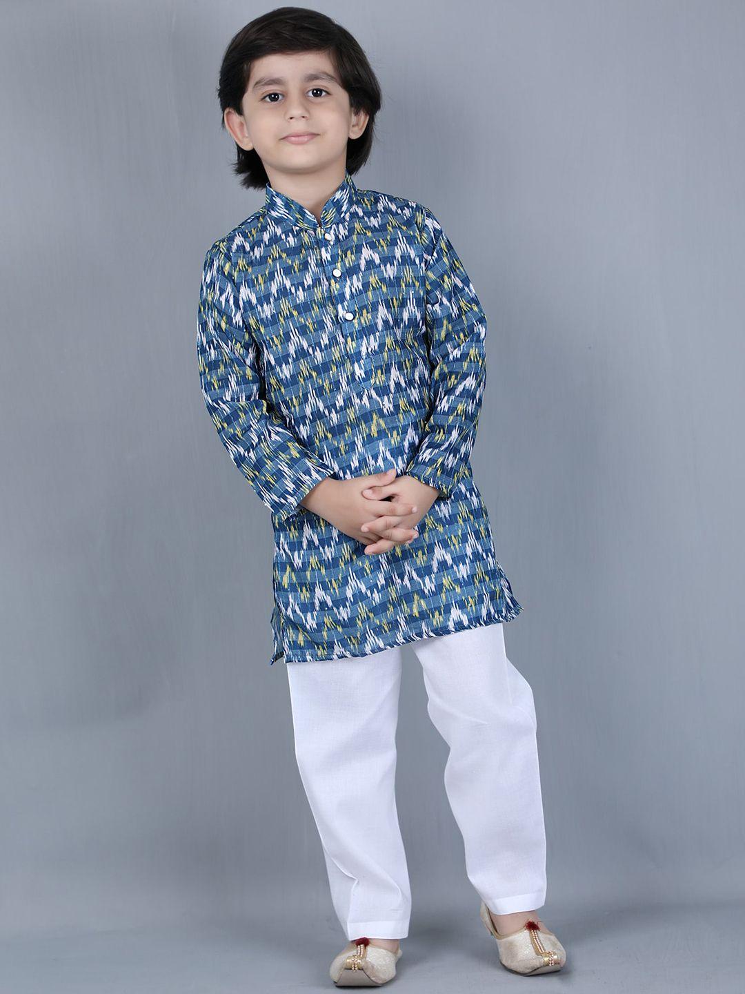 kids farm boys geometric printed mandarin collar sequined kurta with pyjamas