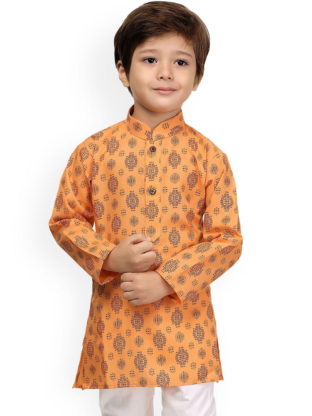 kids farm boys orange ethnic motifs printed kurta with pyjamas