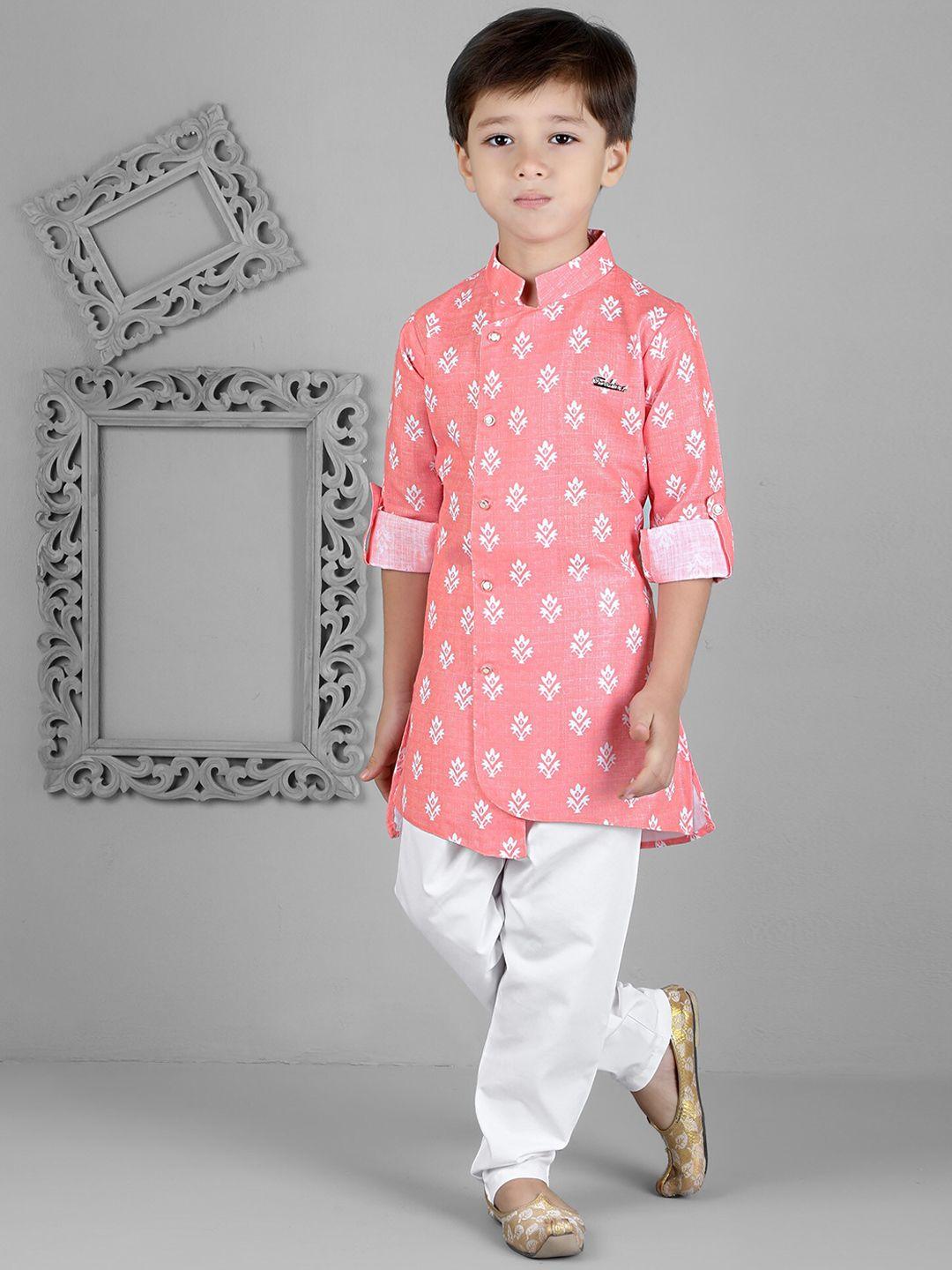 kids farm boys pink ethnic motifs printed regular linen kurta with churidar