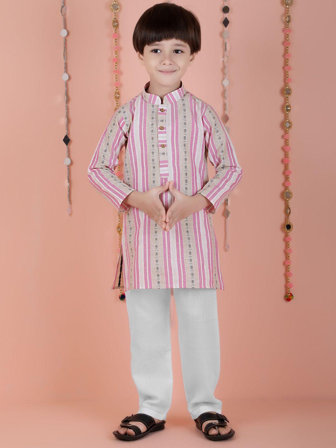 kids farm boys striped mandarin collar long sleeve regular pure cotton kurta with pyjama