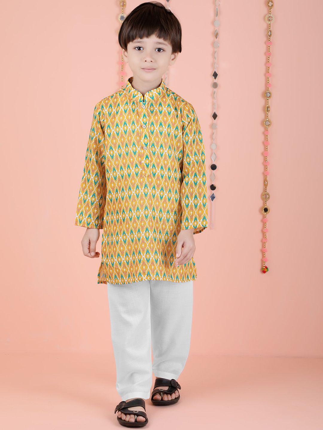 kids farm boys striped mandarin collar long sleeve sequinned cotton silk kurta with pyjama