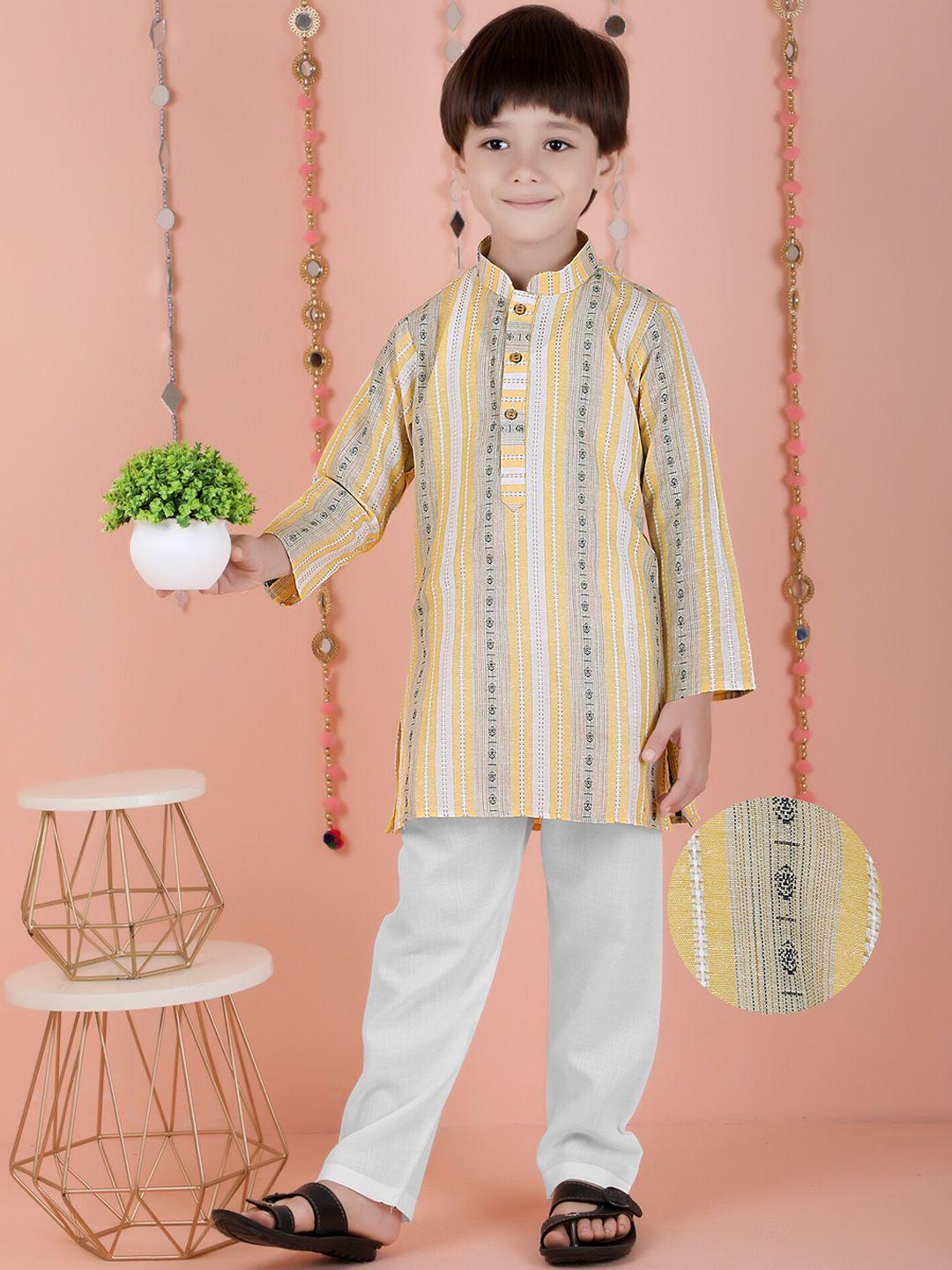 kids farm boys striped mandarin collar pure cotton kurta with pyjamas