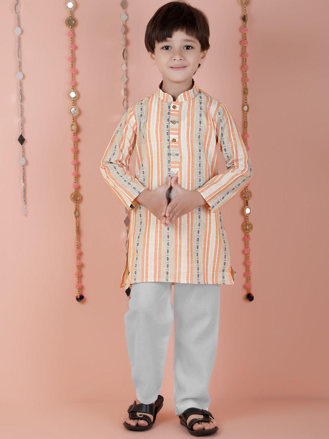 kids farm boys striped mandarin collar thread work pure cotton kurta with pyjamas
