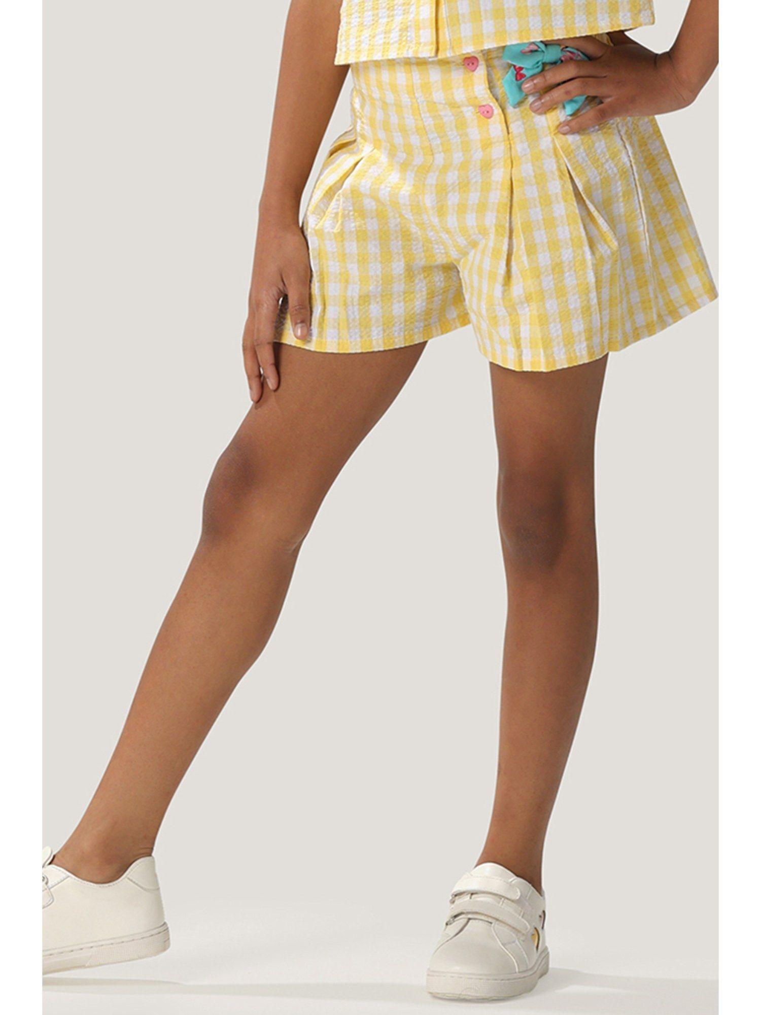 kids girls checkered yellow cotton shorts