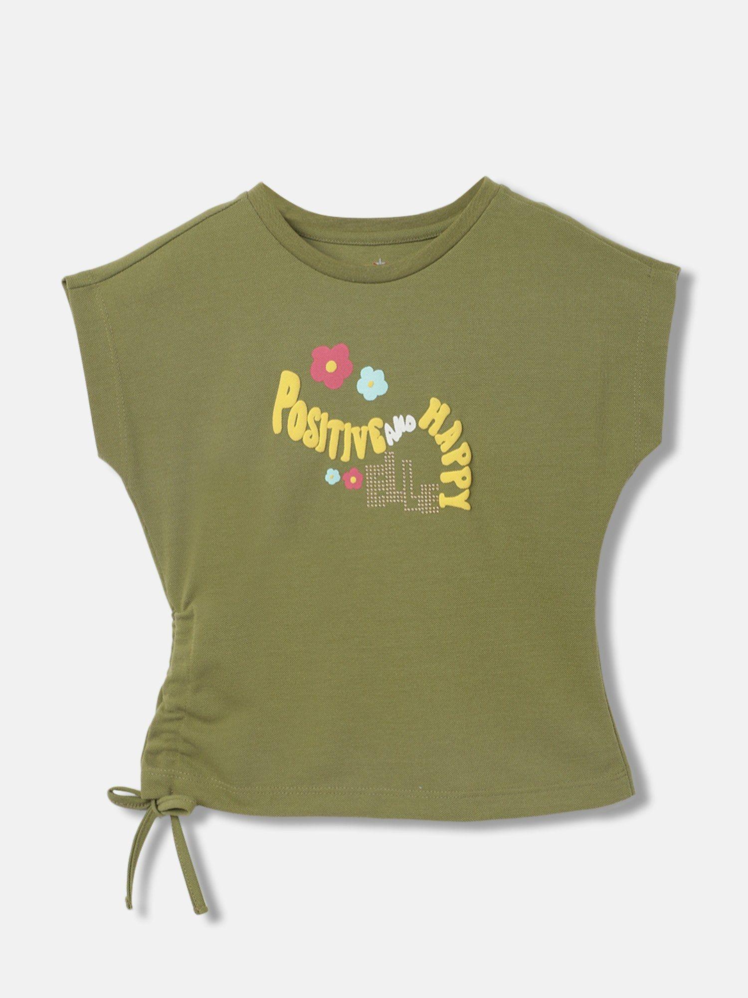 kids girls green printed round neck sleeveless t-shirt