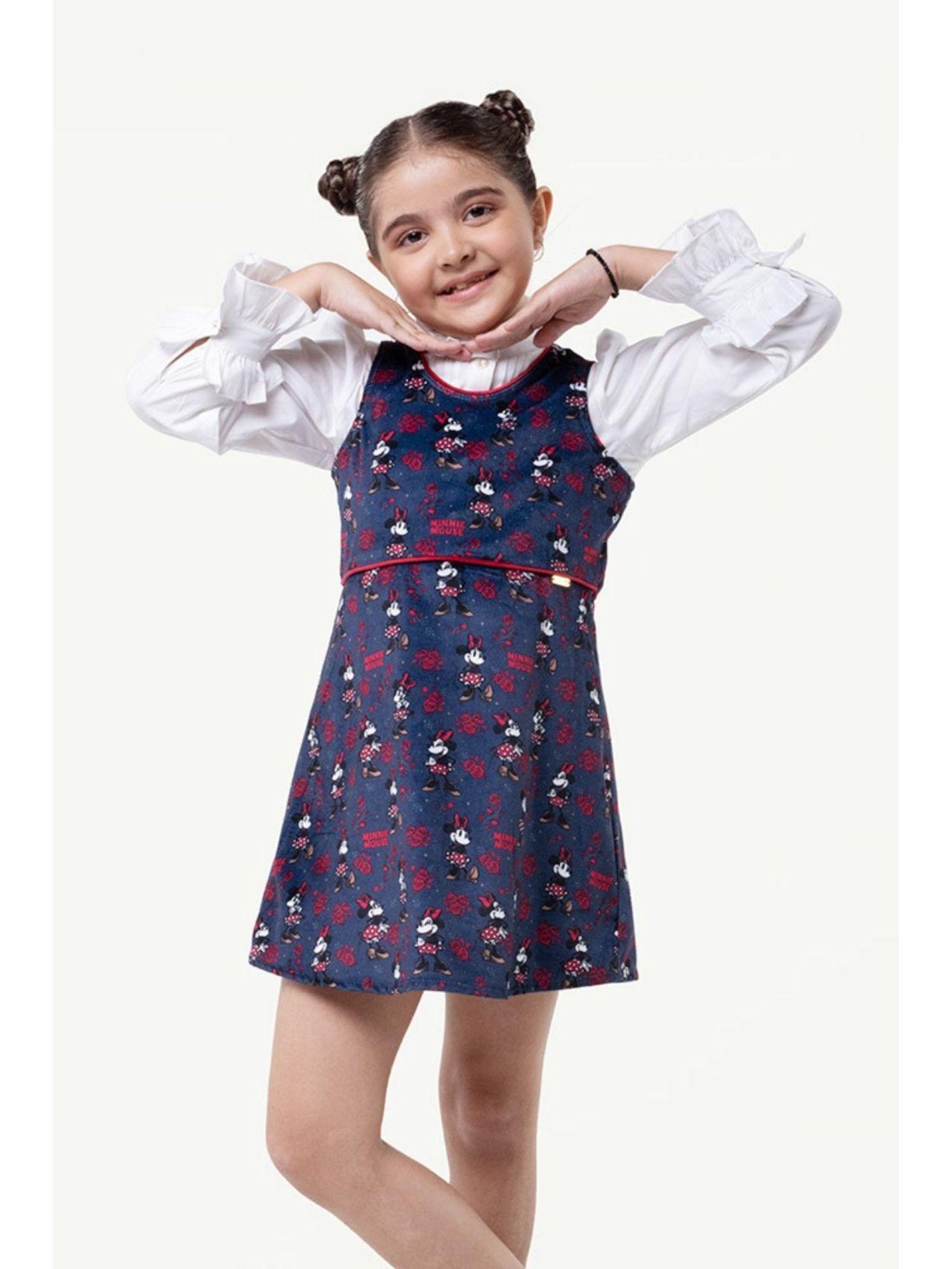 kids girls navy blue minnie printed dress with top (set of 2)