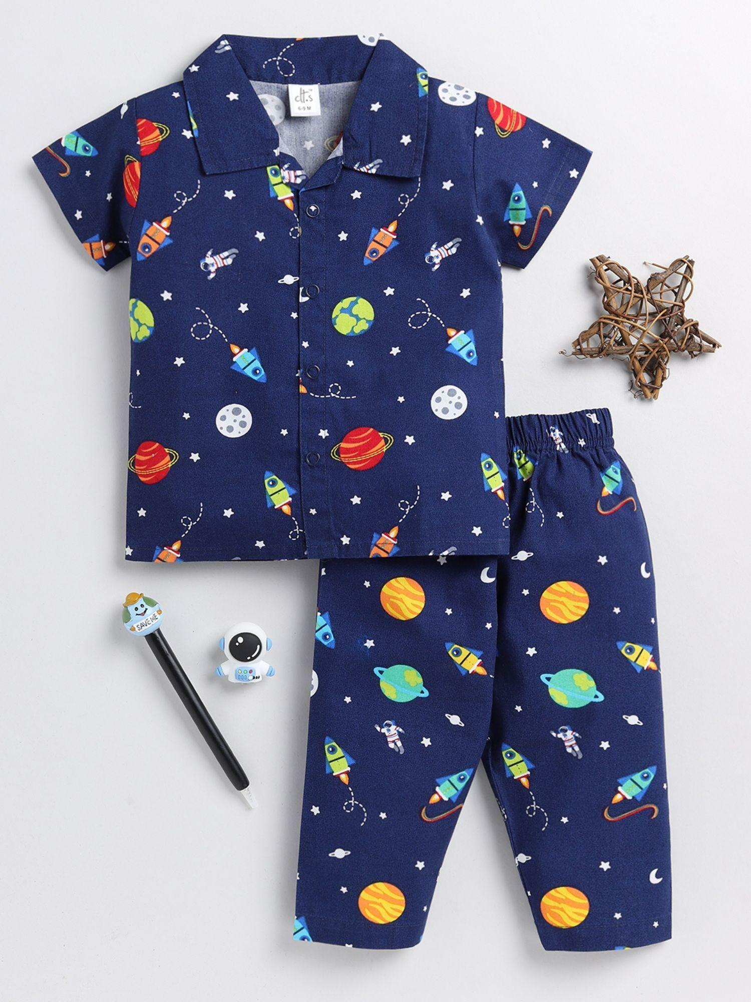 kids graphic blue cotton half sleeve night suit (set of 2)