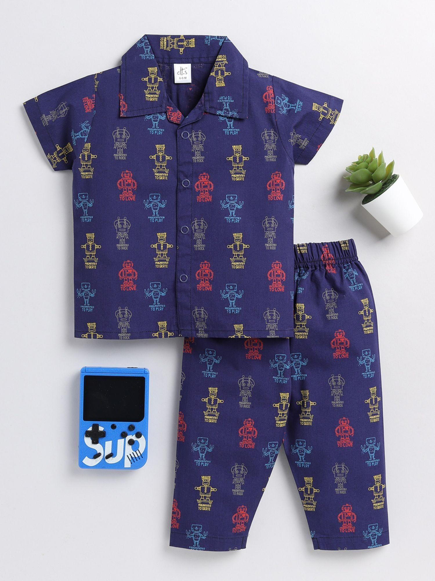 kids graphic blue cotton half sleeve night suit (set of 2)
