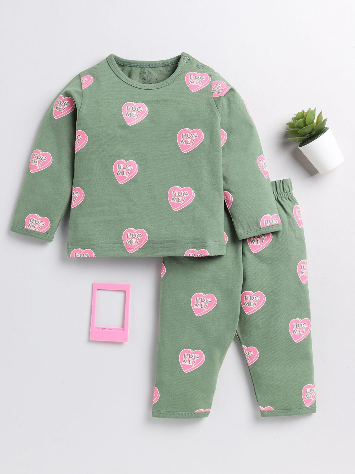 kids graphic green cotton full sleeve night suit (set of 2)