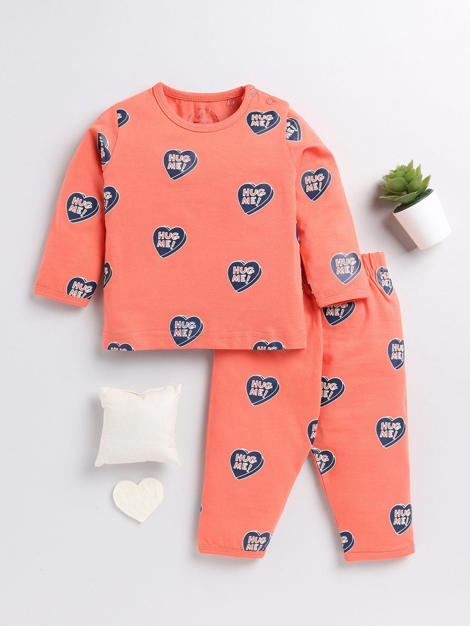 kids graphic orange cotton full sleeve night suit (set of 2)