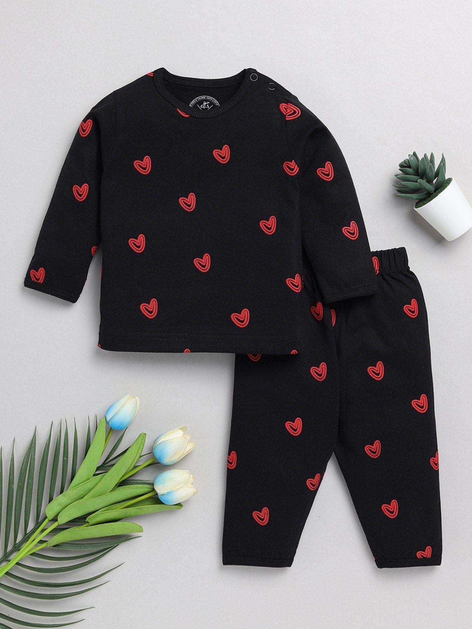 kids graphic print black cotton full sleeve night suit (set of 2)