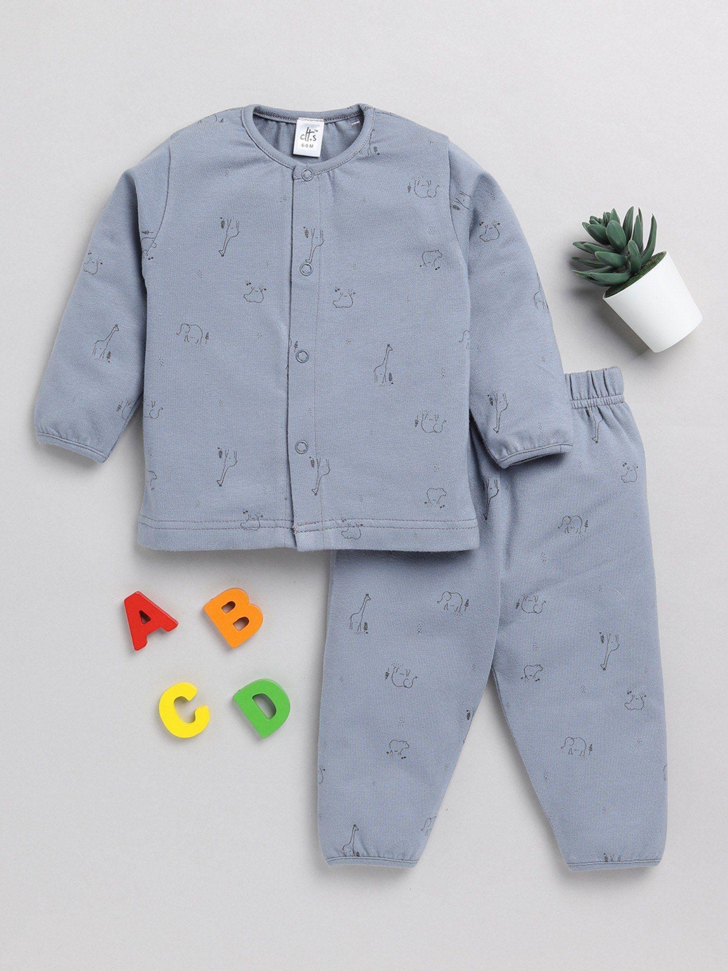 kids graphic print blue cotton full sleeve night suit (set of 2)