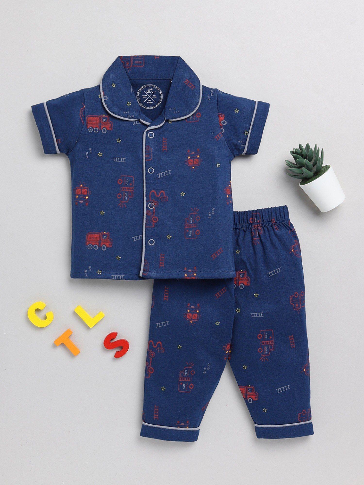kids graphic print blue cotton half sleeve night suit (set of 2)