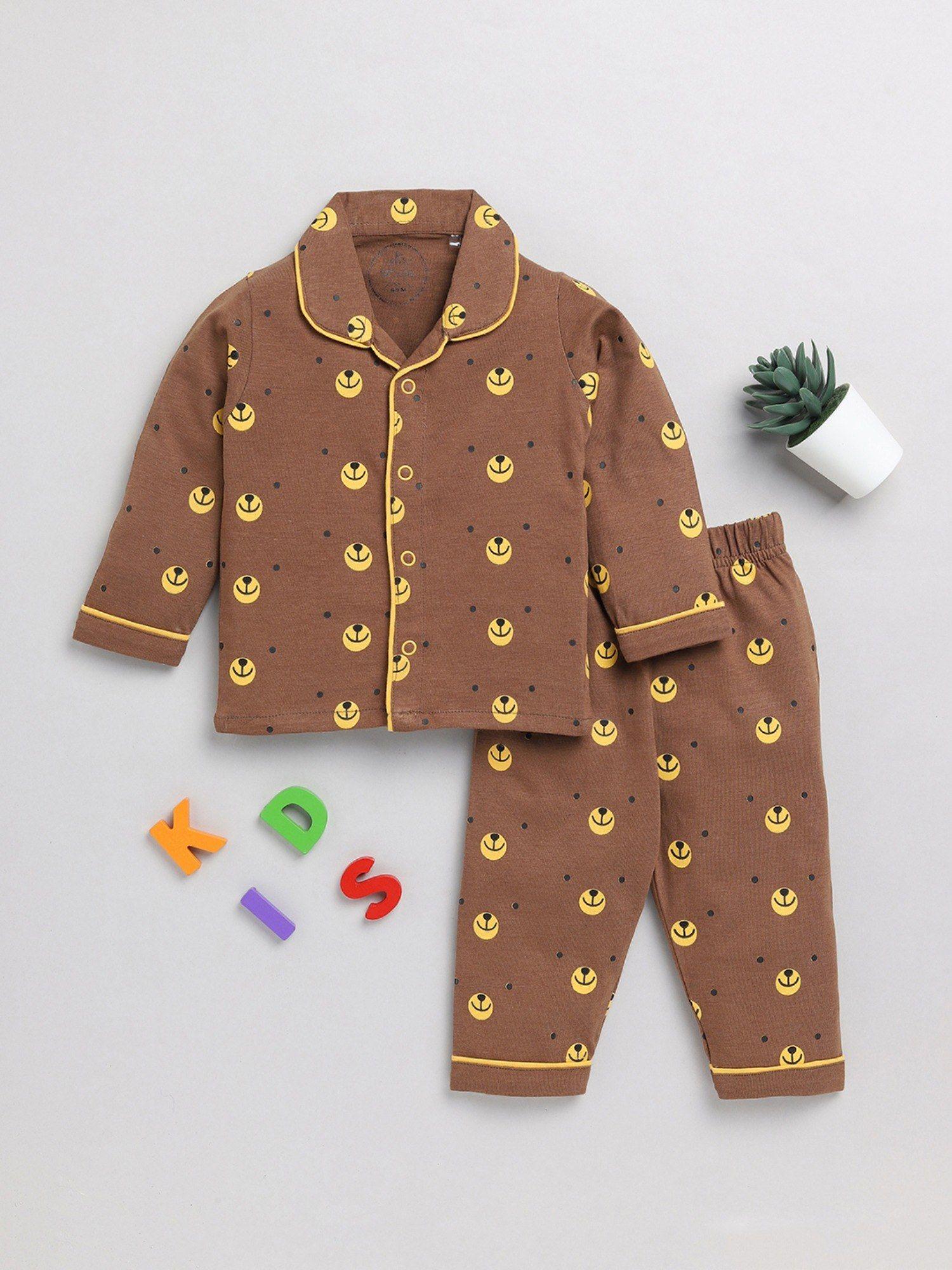 kids graphic print brown cotton full sleeve night suit (set of 2)