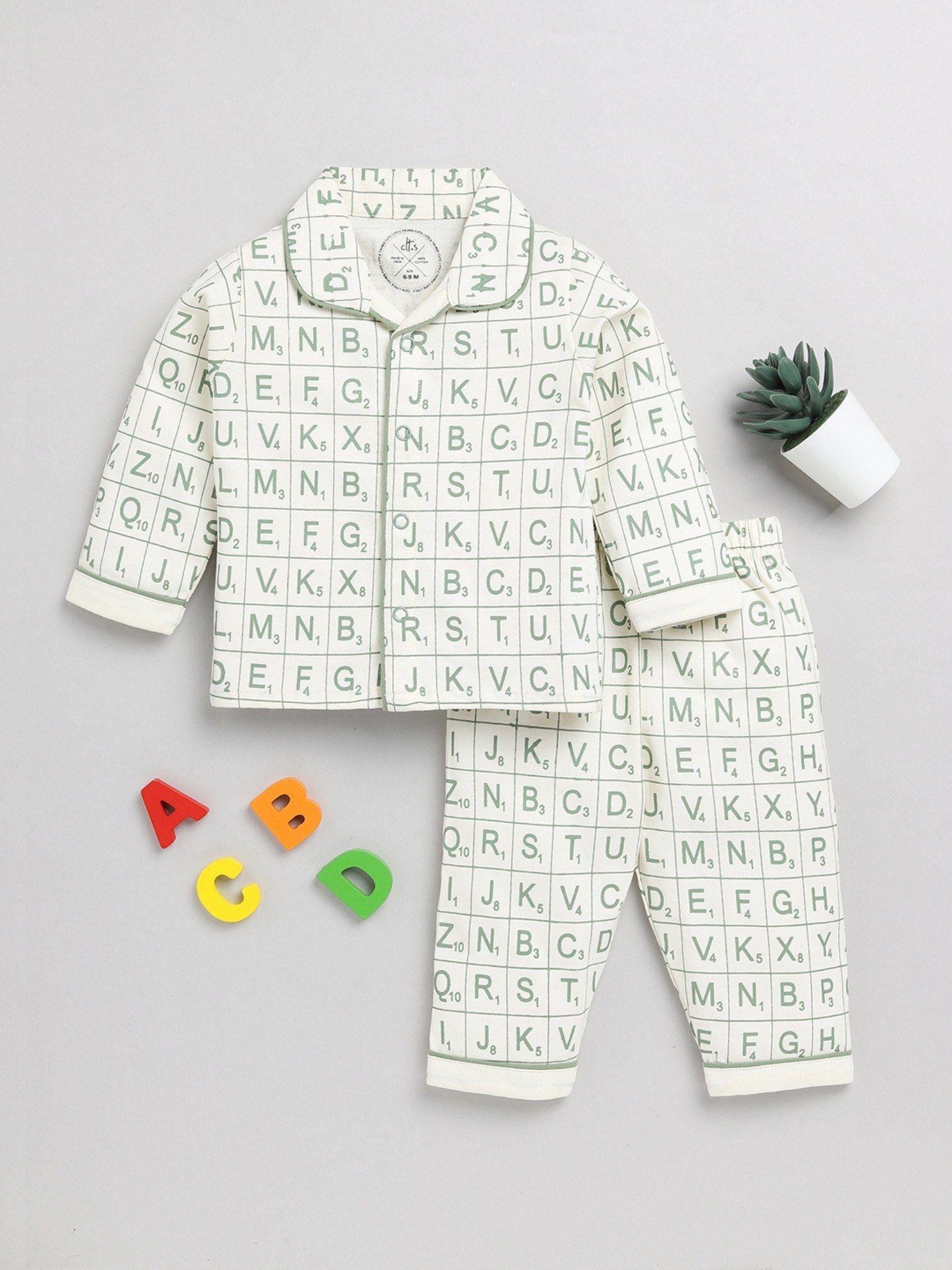 kids graphic print cream cotton full sleeve night suit (set of 2)