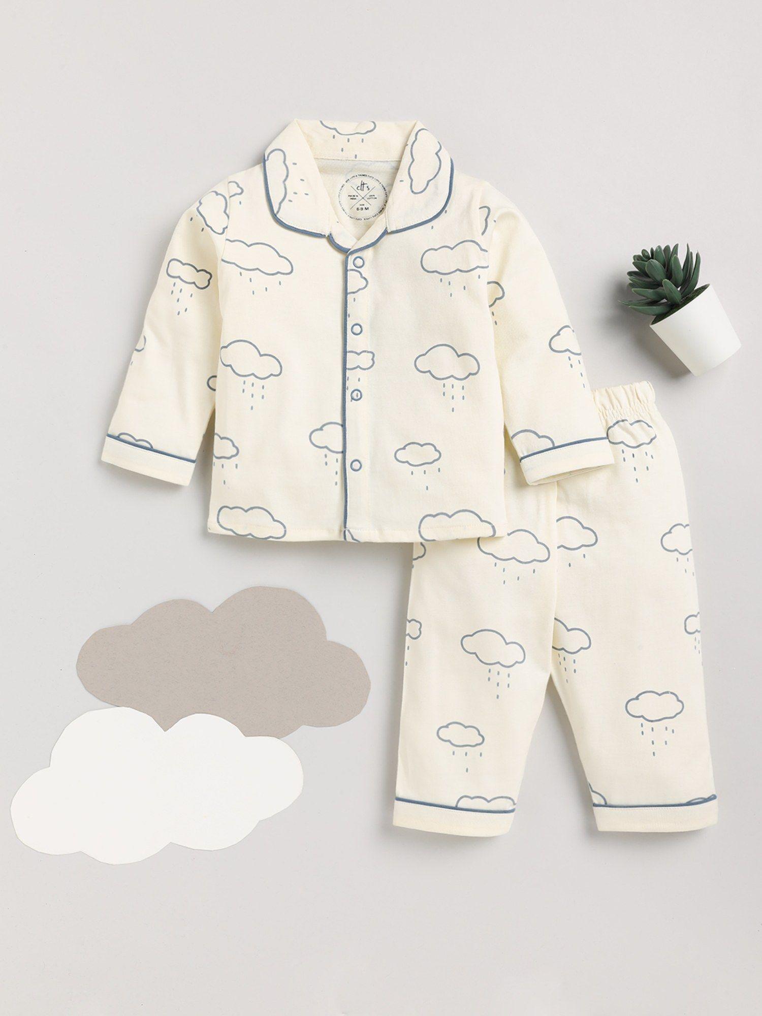 kids graphic print cream full sleeve cotton night suit (set of 2)
