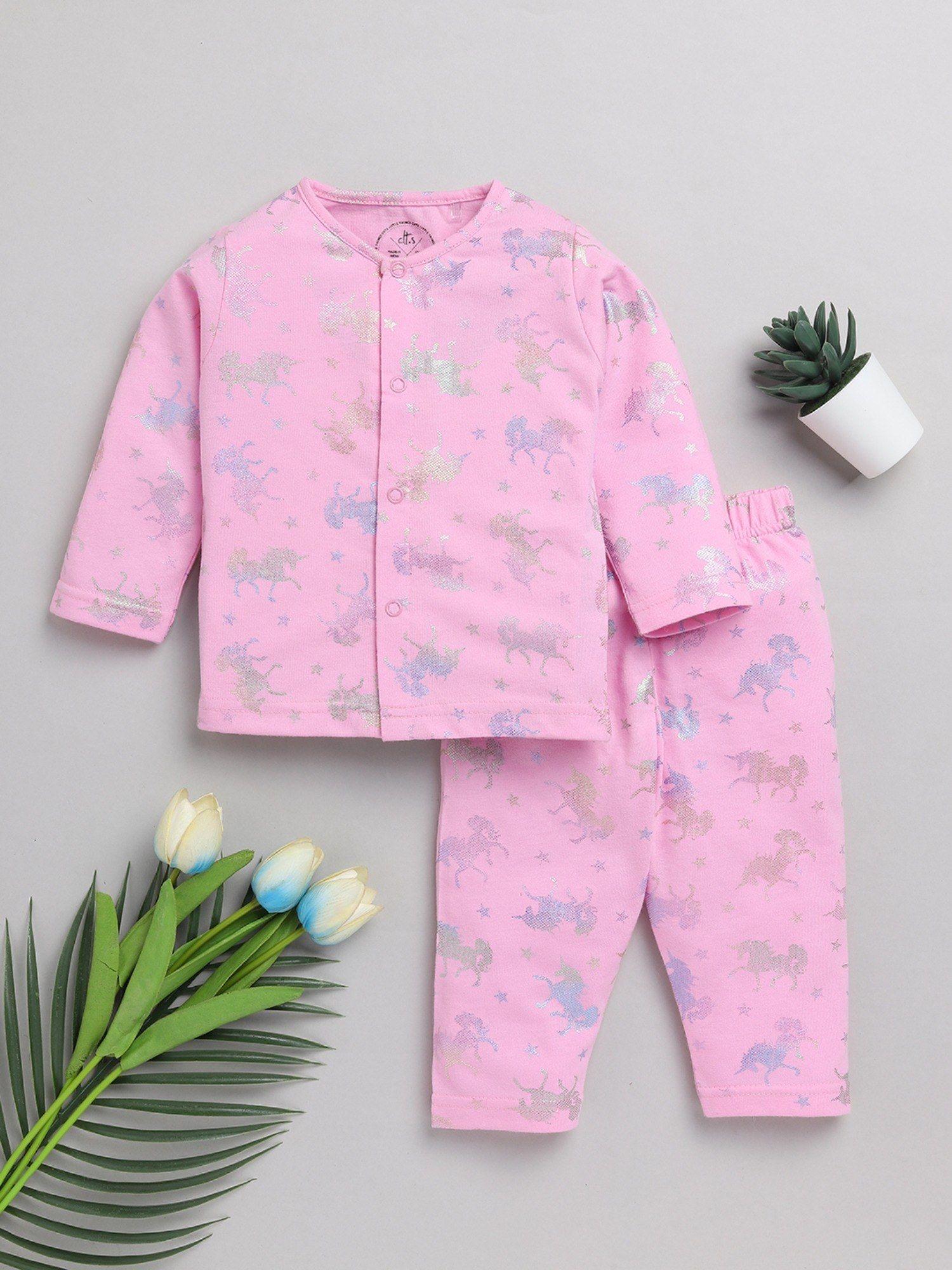 kids graphic print pink cotton full sleeve night suit (set of 2)