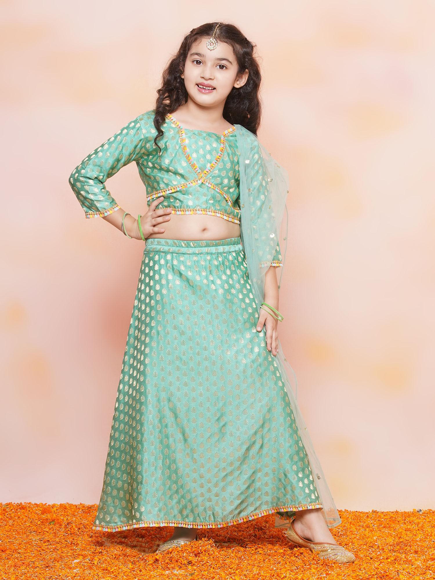 kids jacquard brasso green lehenga with choli & dupatta (set of 3)