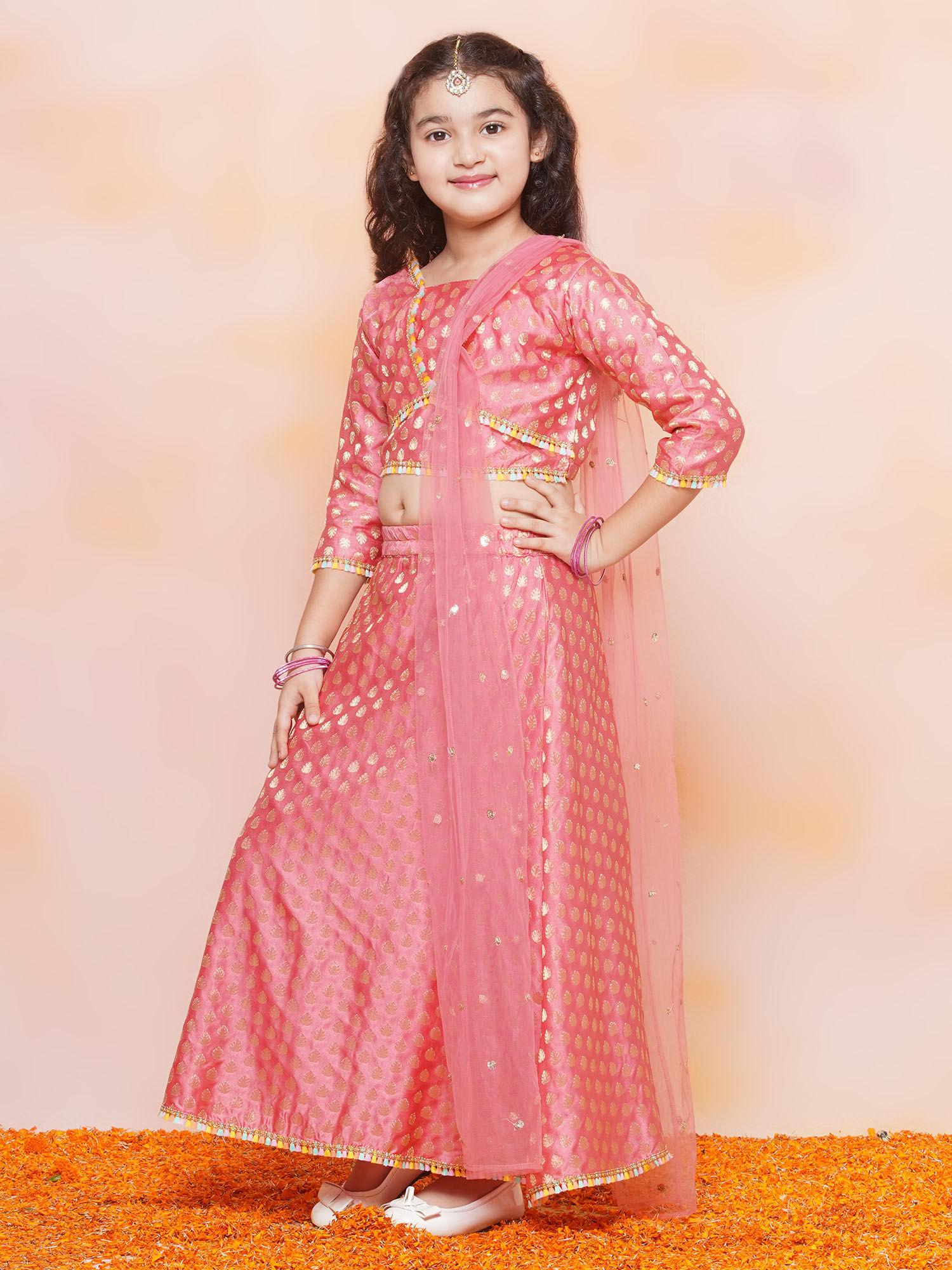 kids jacquard brasso pink lehenga with choli & dupatta (set of 3)