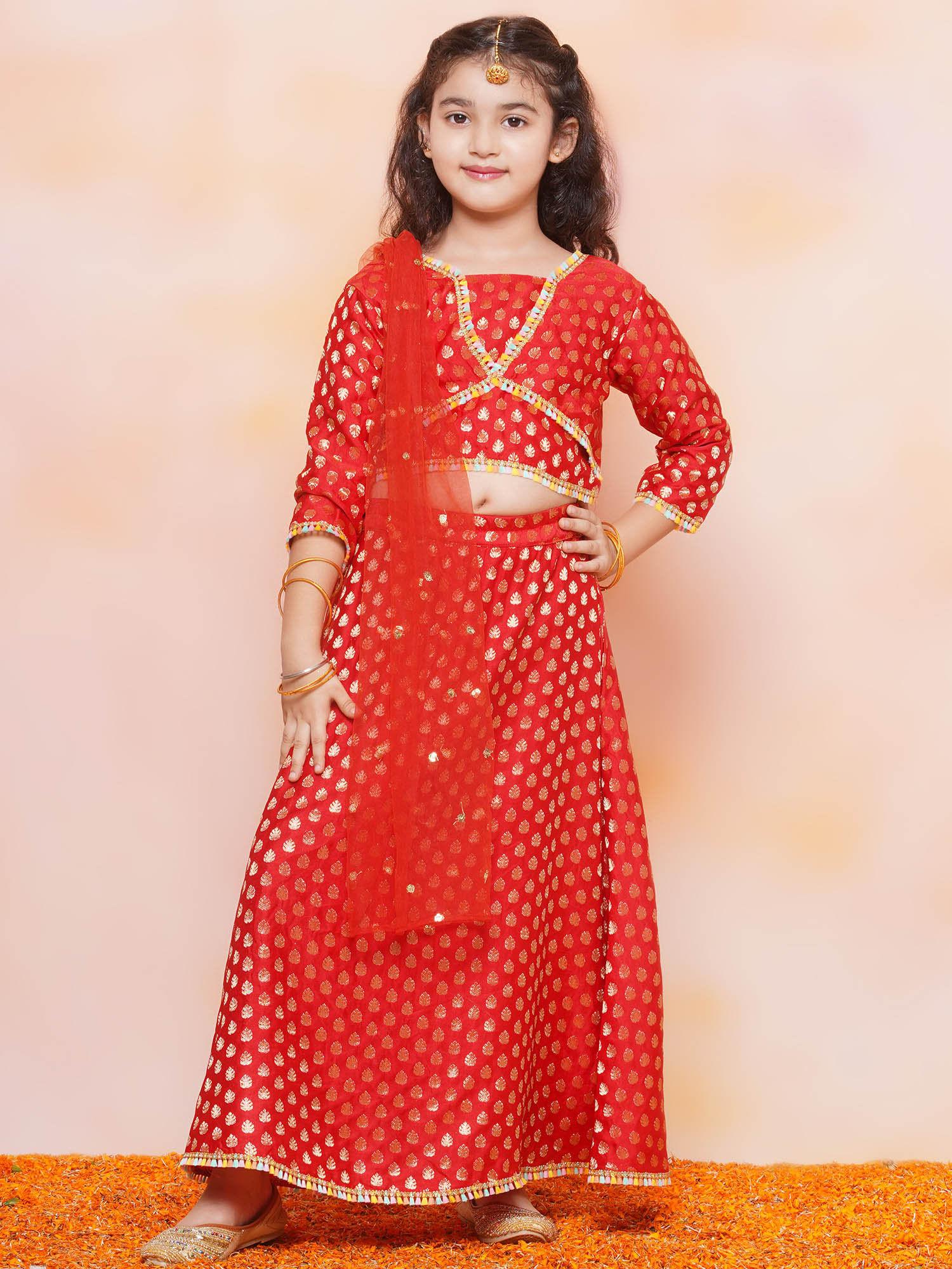 kids jacquard brasso red lehenga with choli & dupatta (set of 3)