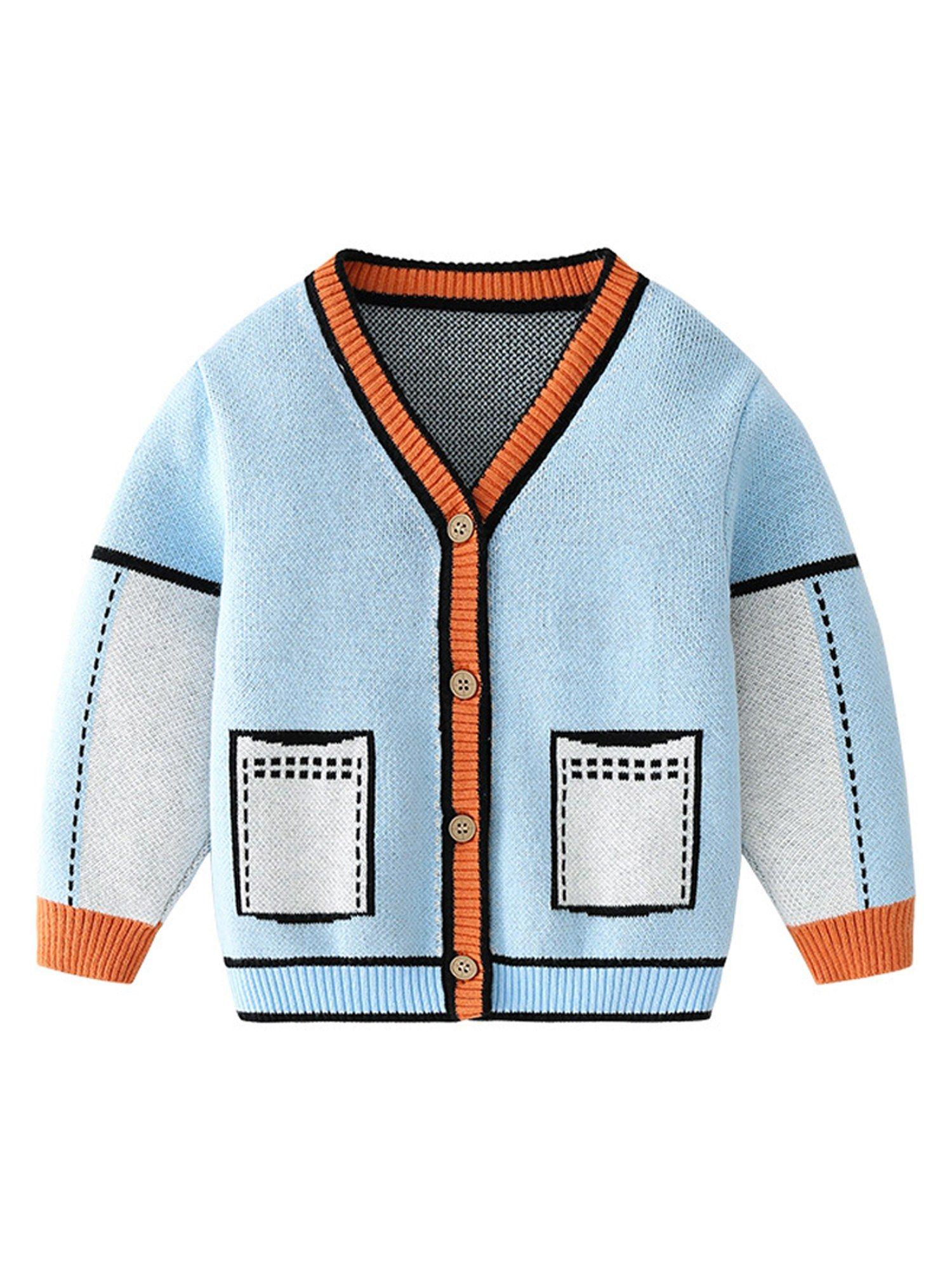kids light blue with striking orange cardigan sweater v neck