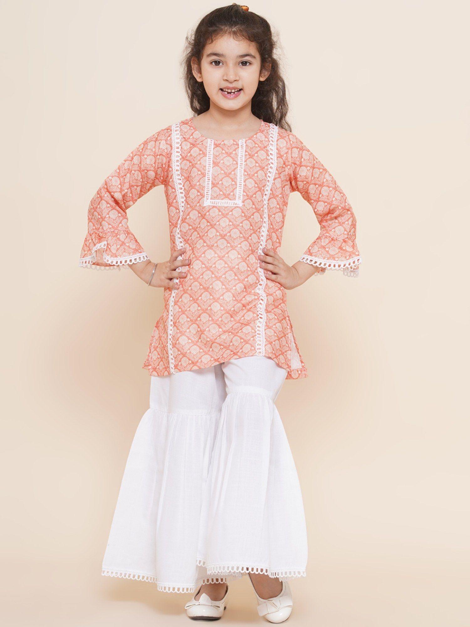 kids peach cotton printed bell sleeves kurta sharara for girls (set of 2)