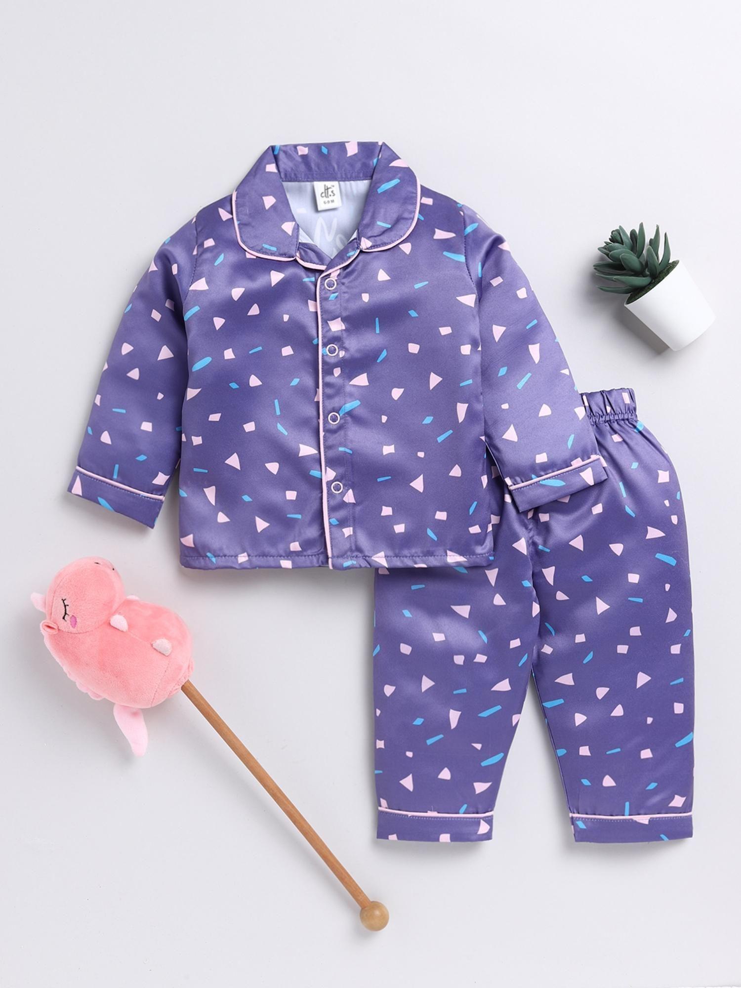kids purple full sleeve shirt & pyjama (set of 2)