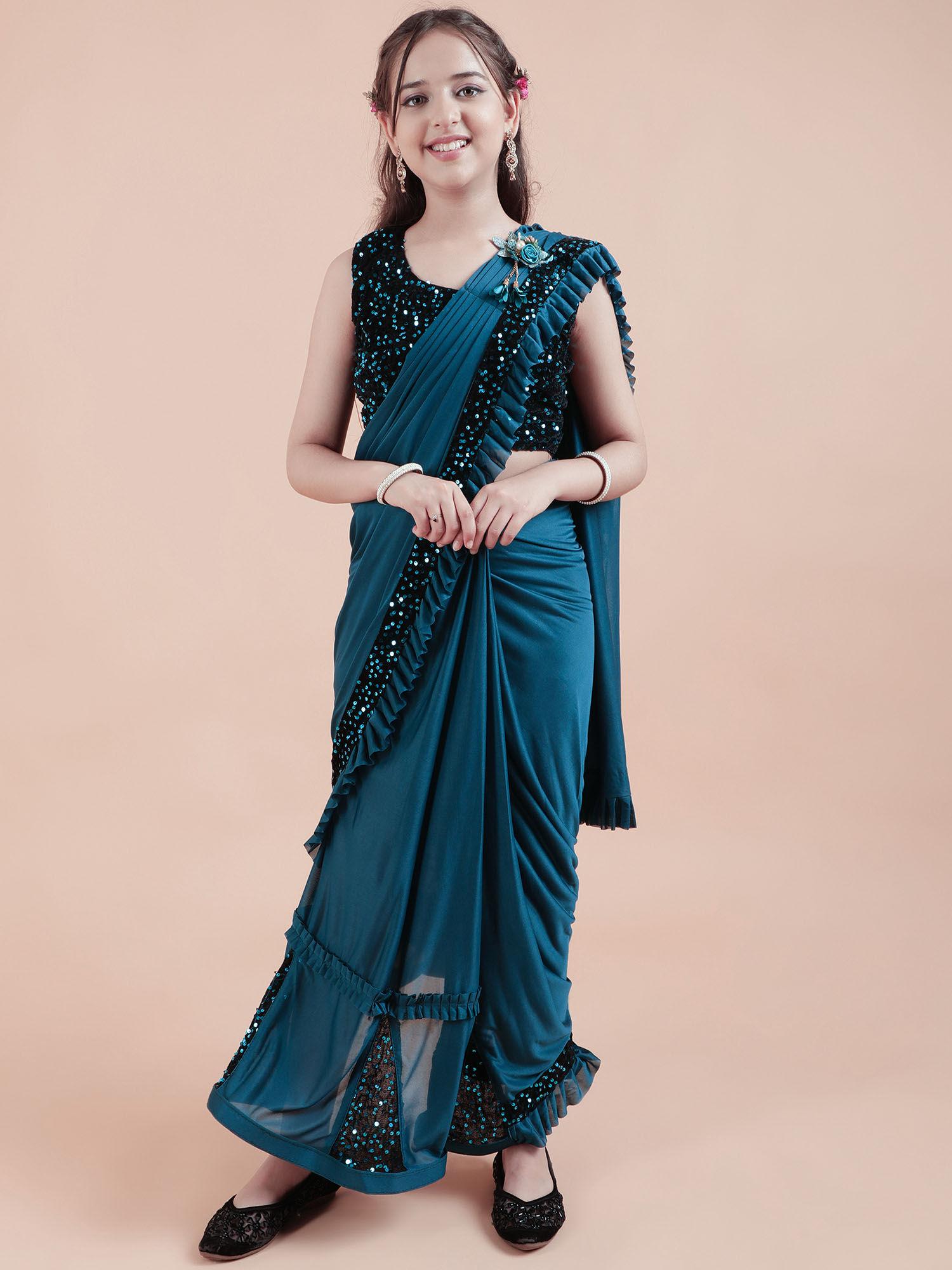 kids shimmer kali sarees party blue with unstitched blouse