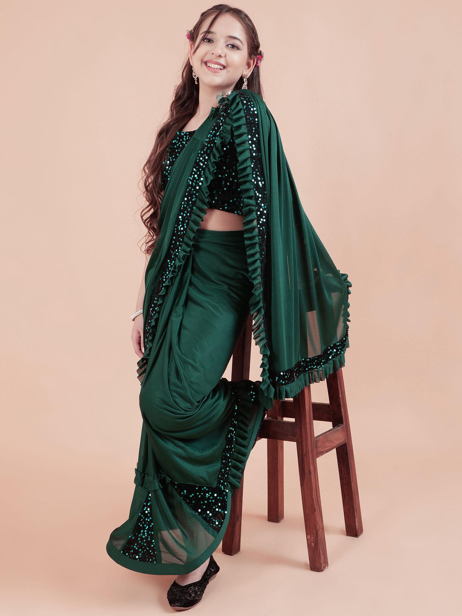 kids shimmer kali sarees party green with unstitched blouse
