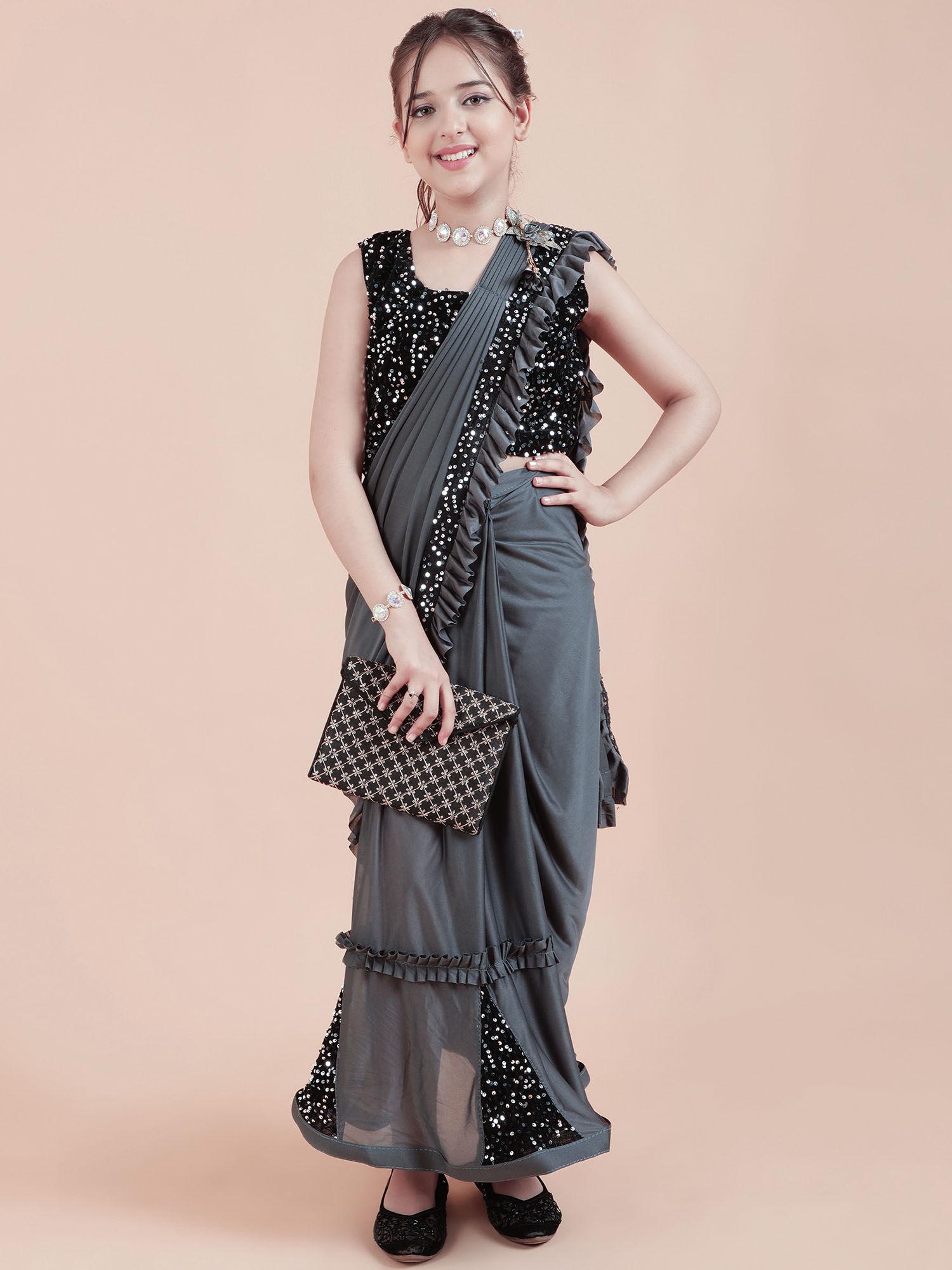 kids shimmer kali sarees party grey with unstitched blouse