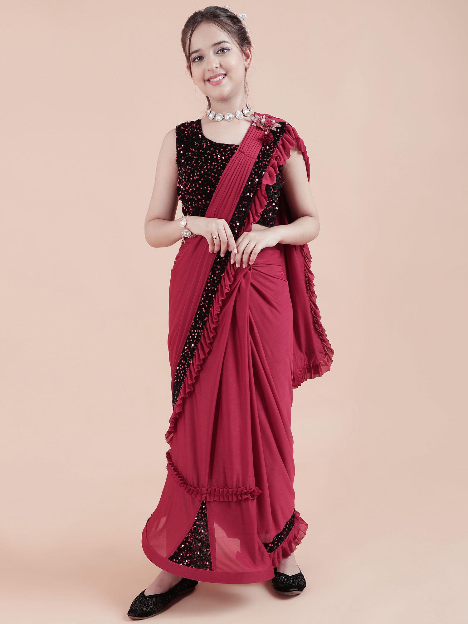 kids shimmer kali sarees party maroon with unstitched blouse