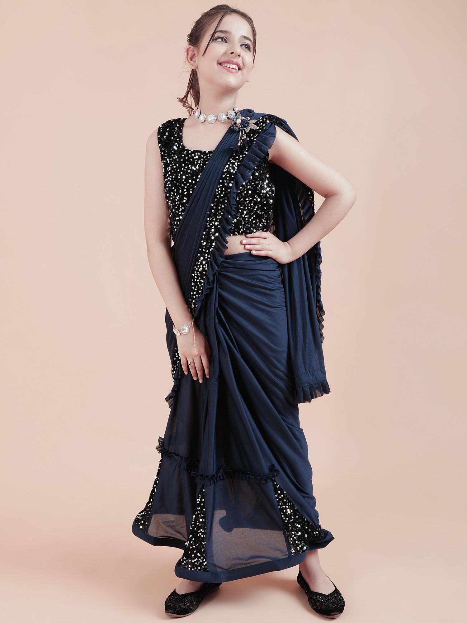 kids shimmer kali sarees party navy blue with unstitched blouse