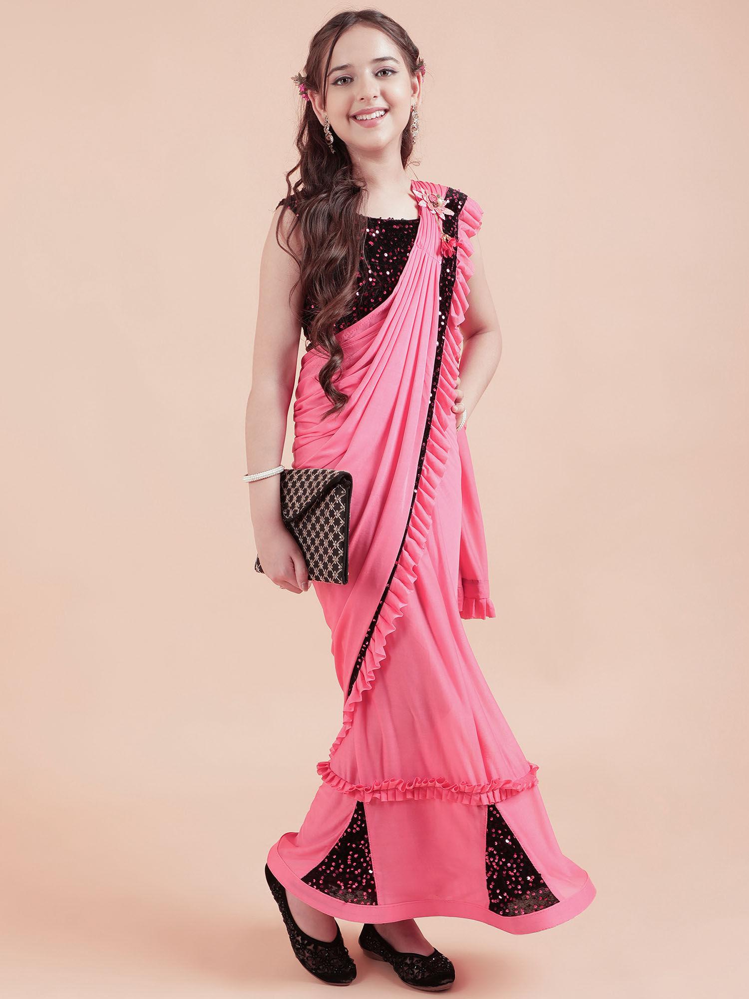 kids shimmer kali sarees party pink with unstitched blouse