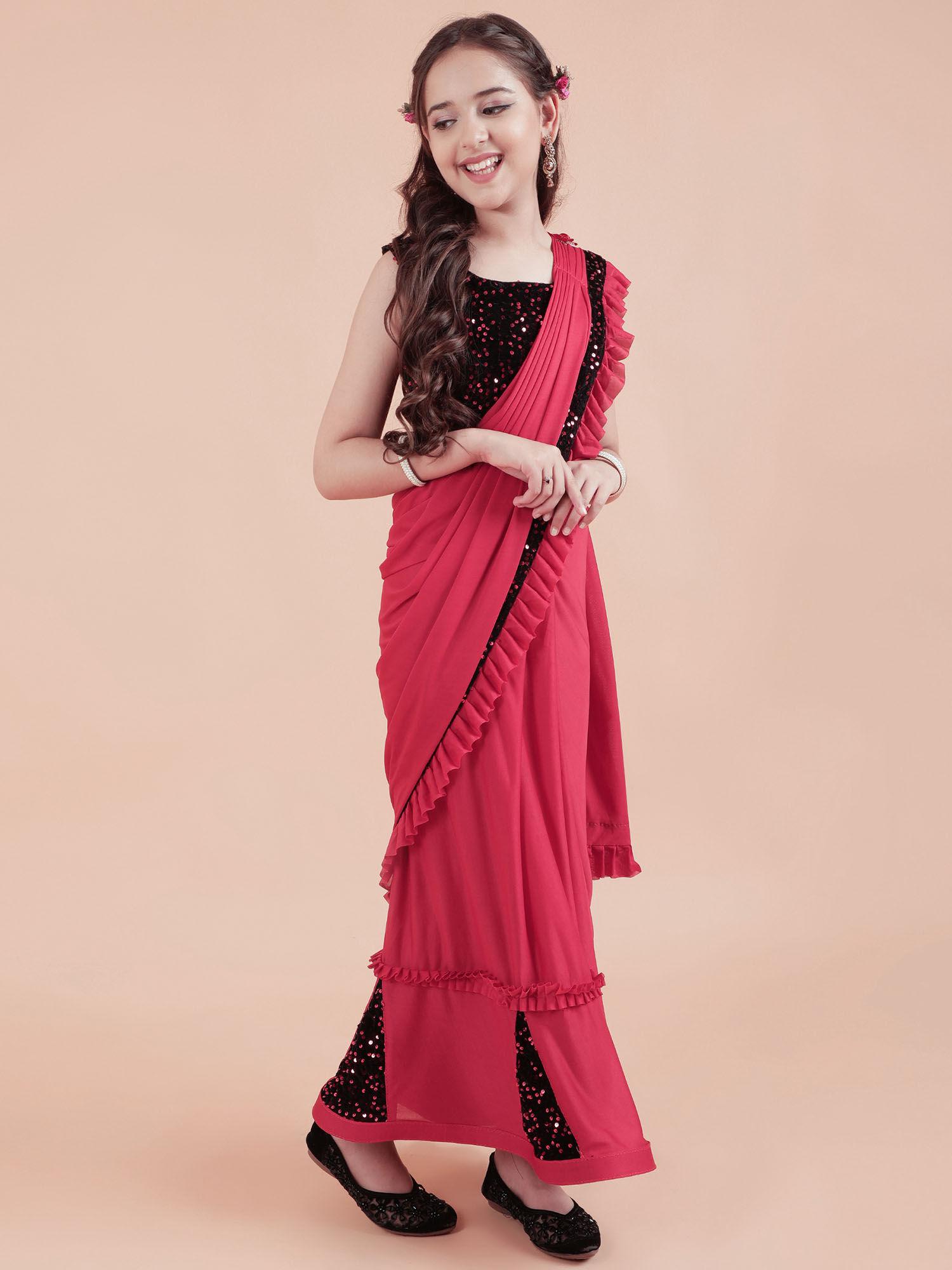 kids shimmer kali sarees party red with unstitched blouse