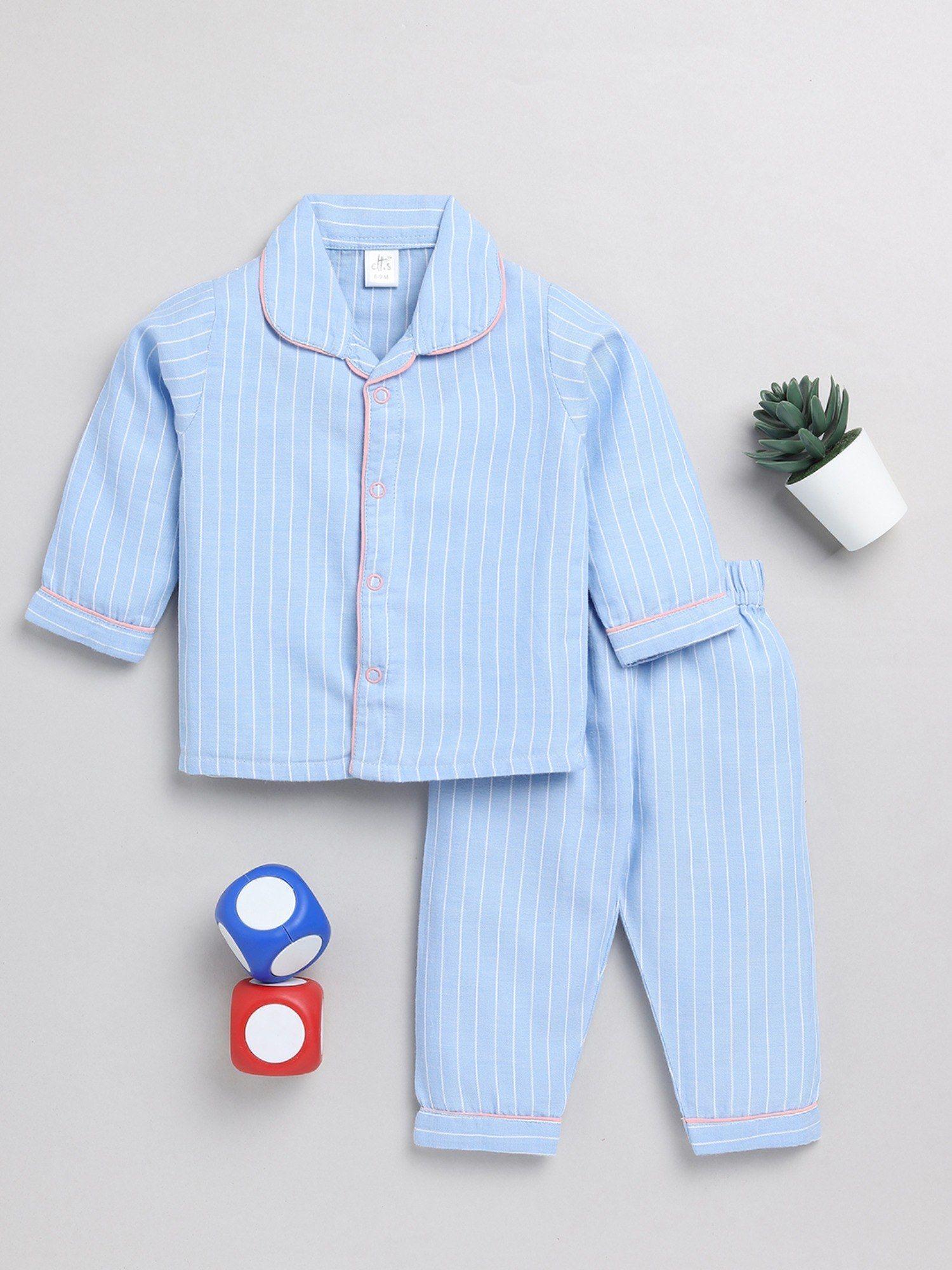 kids striped blue cotton full sleeve night suit (set of 2)