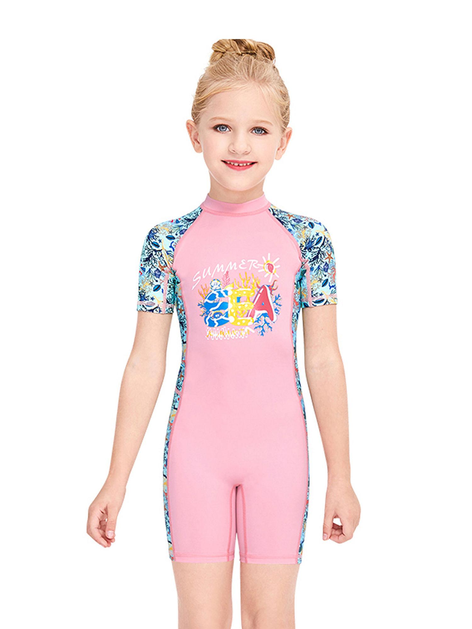 kids swimwear pink fauna knee length upf 50