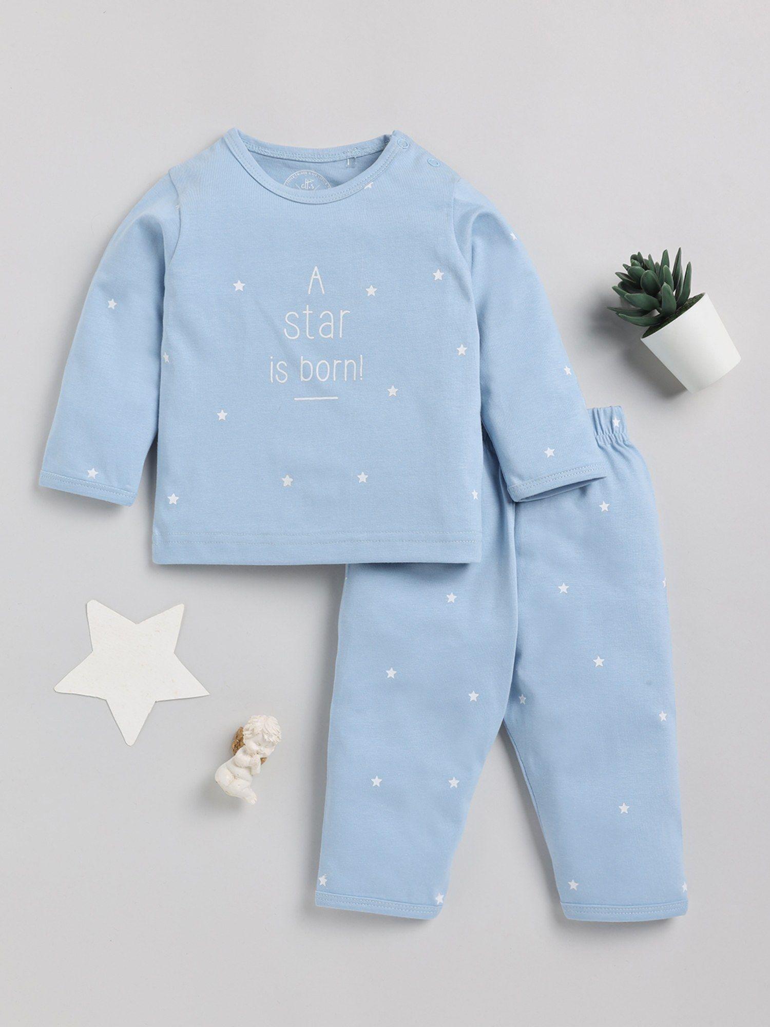 kids typography blue full sleeve cotton night suit (set of 2)