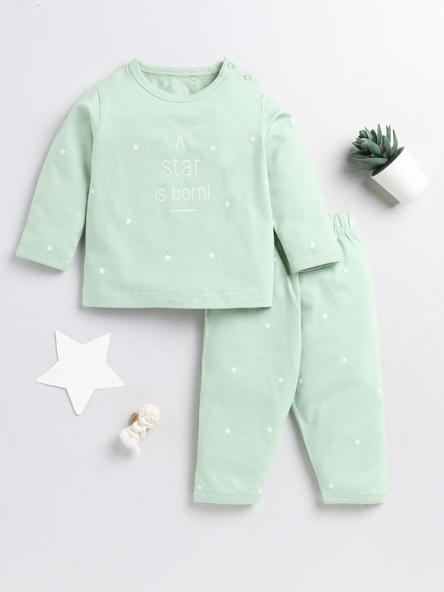 kids typography green cotton full sleeve night suit (set of 2)