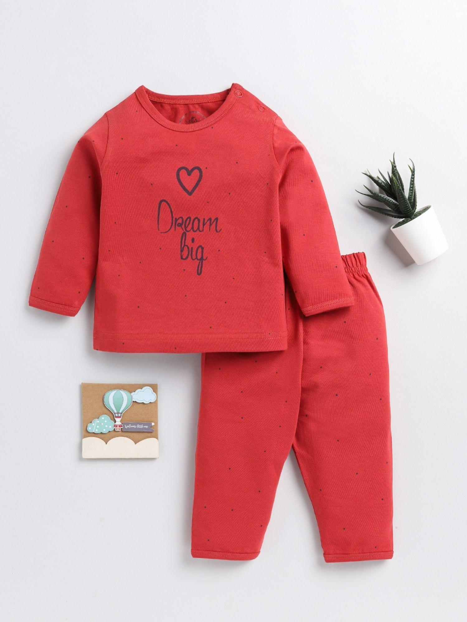 kids typography red cotton full sleeve night suit (set of 2)