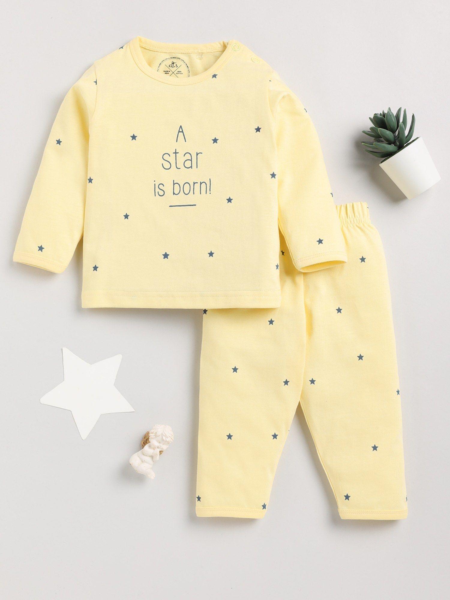 kids typography yellow full sleeve cotton night suit (set of 2)