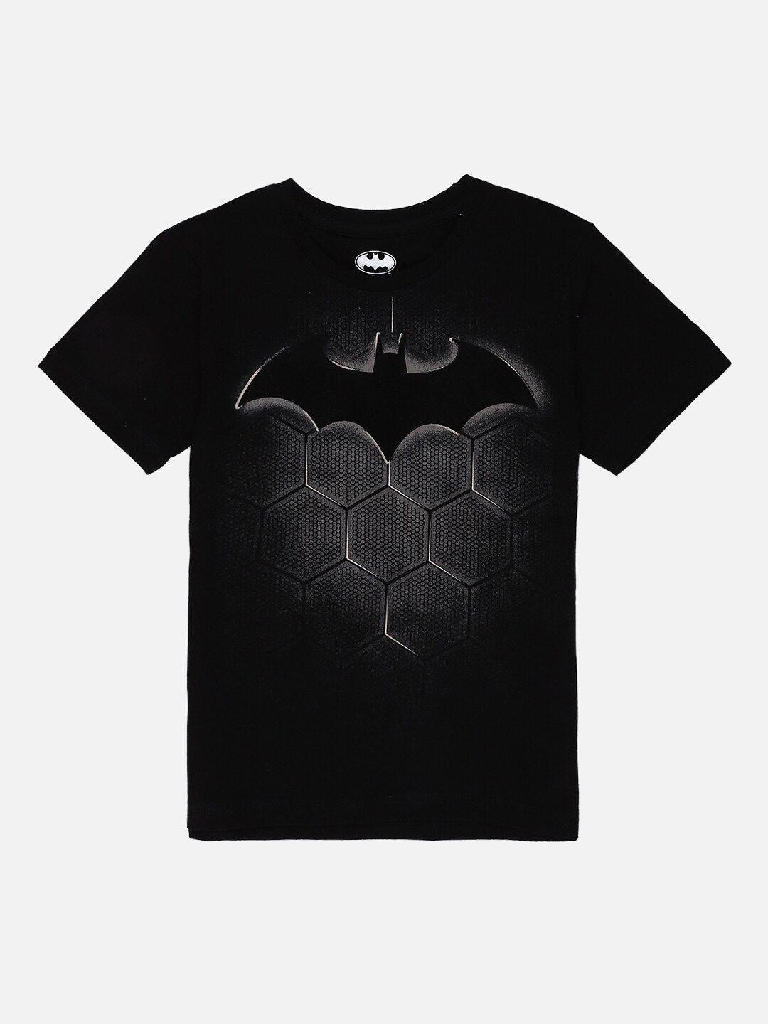 kids ville boys black & grey batman print round neck cotton t-shirt