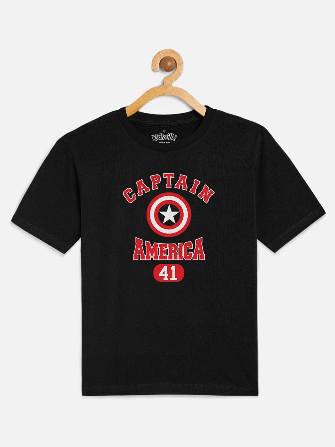 kids ville boys black captain america printed round neck pure cotton t-shirt