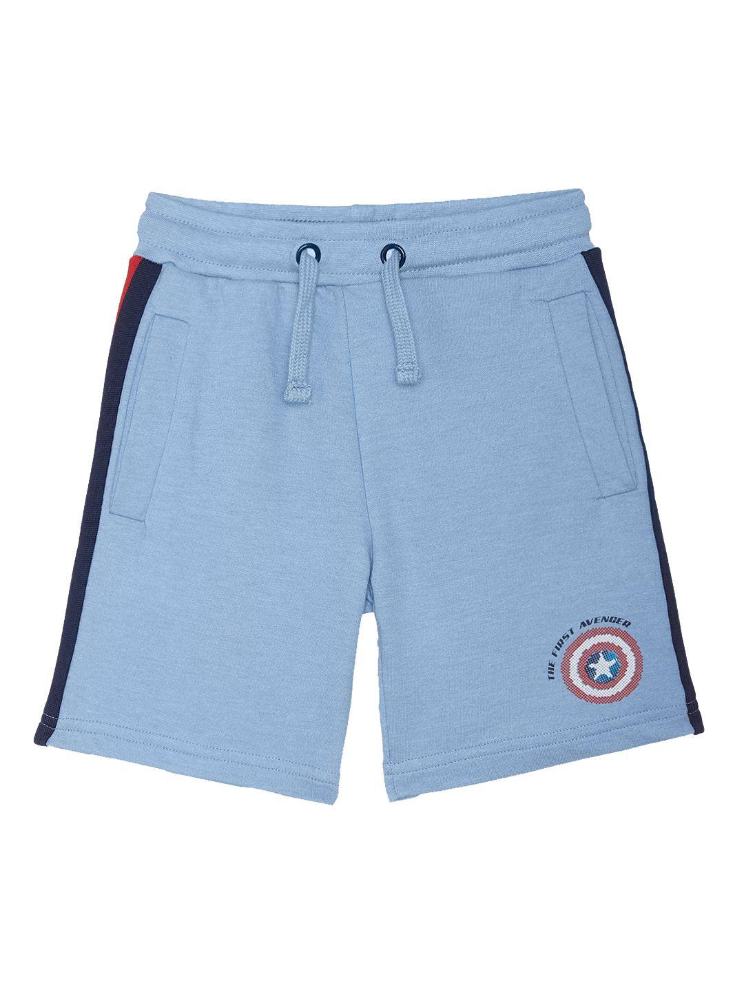 kids ville boys blue regular fit solid shorts with captain america print detail