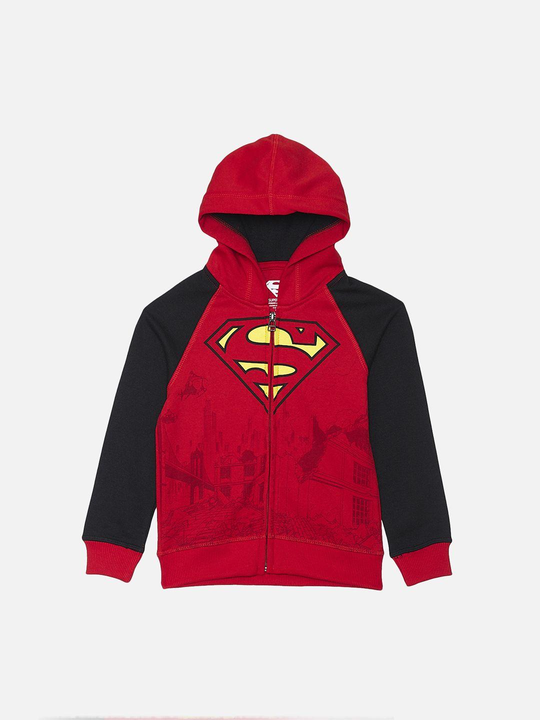 kids ville boys red & black superman printed hooded pure cotton front-open sweatshirt