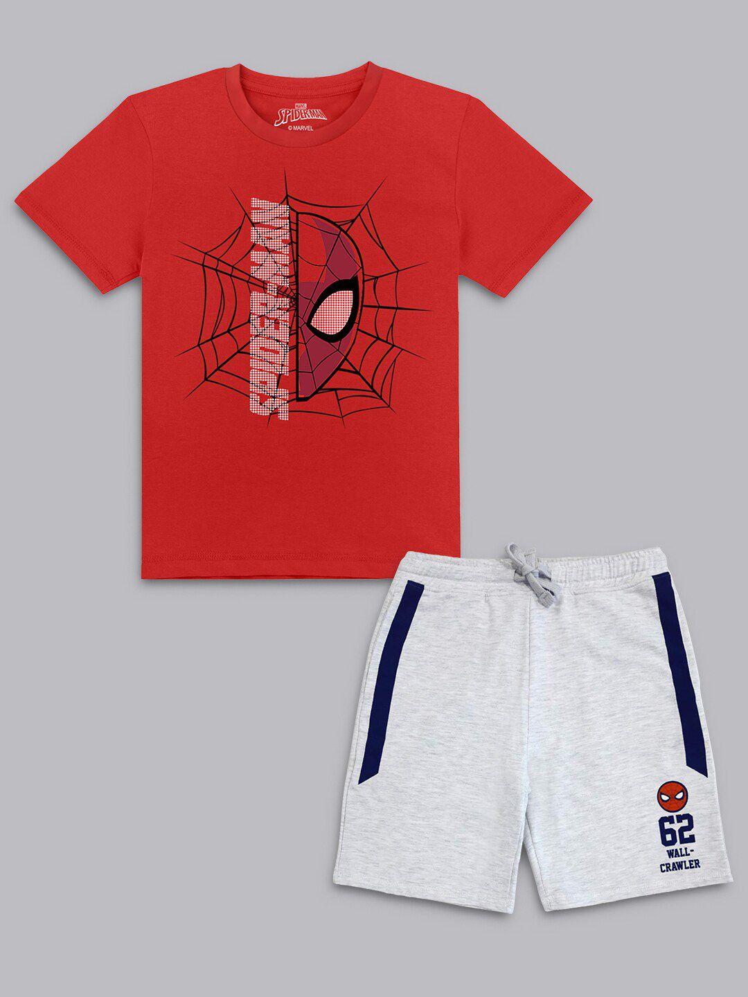 kids ville boys red & grey spiderman printed t- shirt with shorts